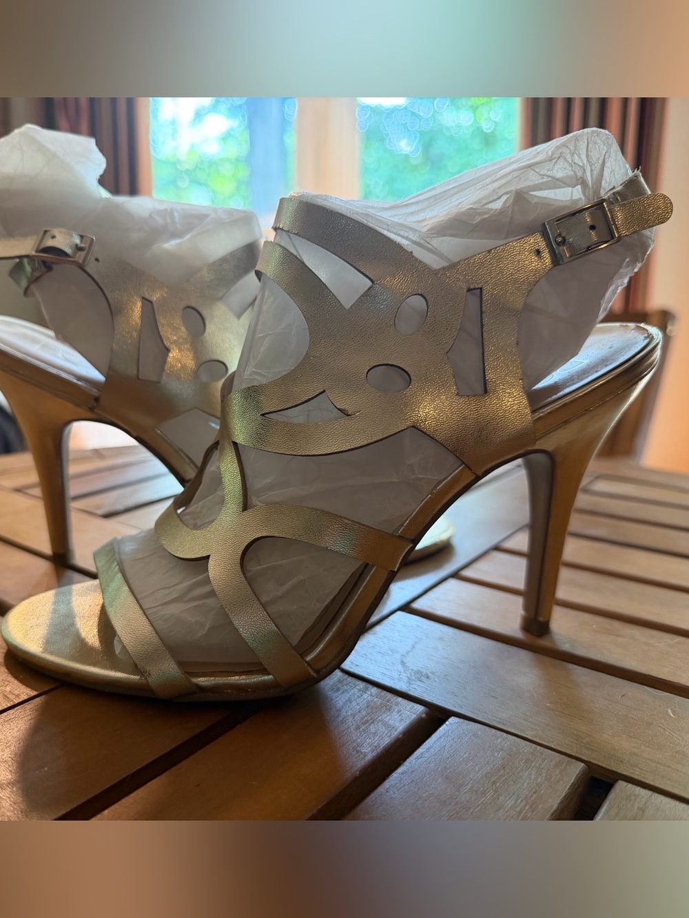 BCBG Paris Metallic Gold Cutout Stiletto Sandals